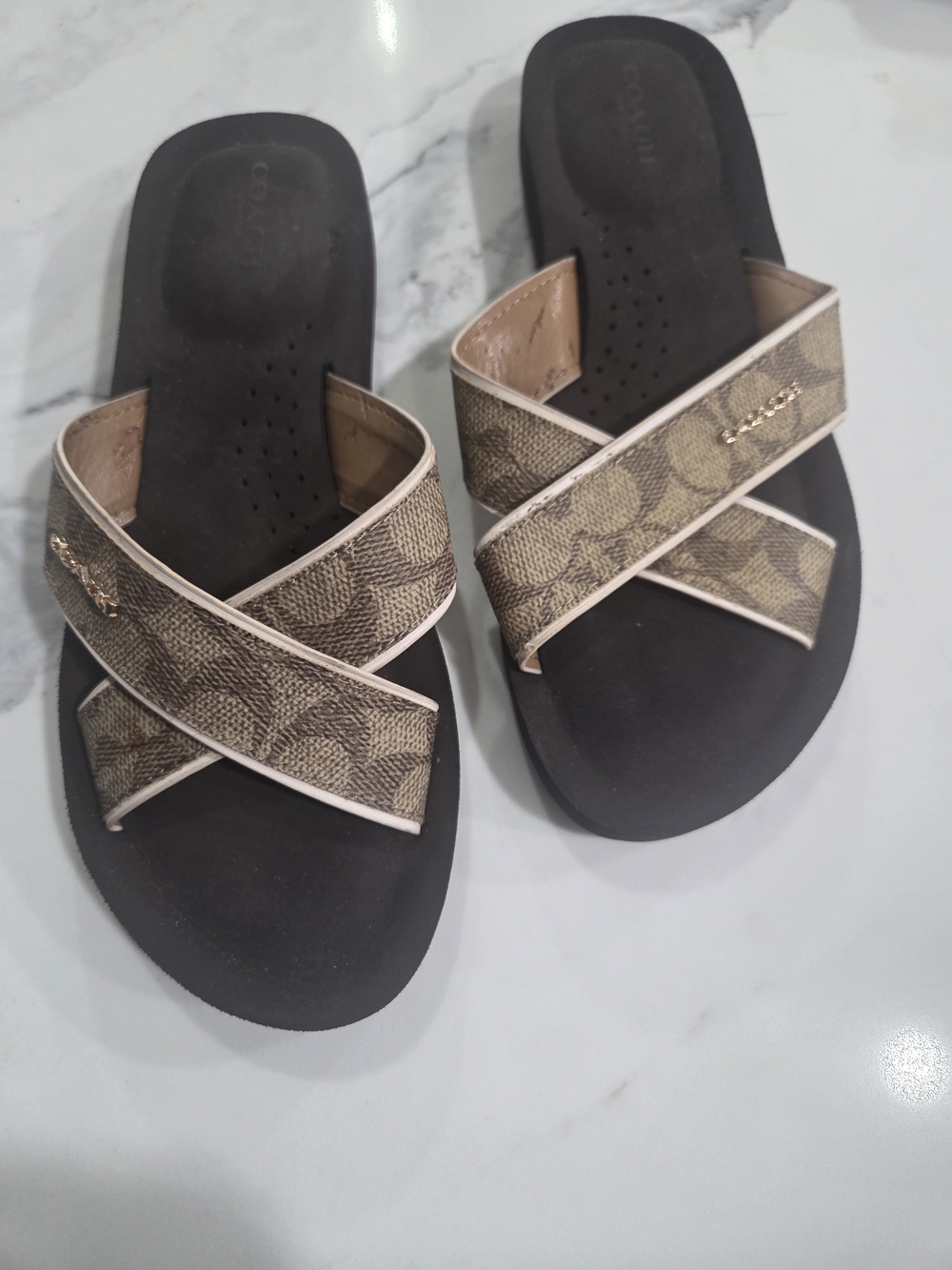 Coach Signature Crisscross Slide Sandals in Brown and Black